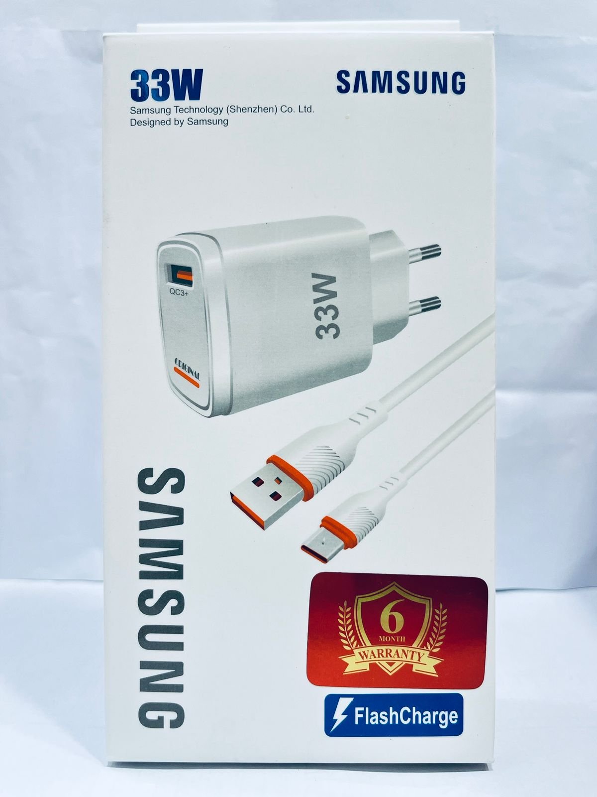 Samsung 33W Flash Charge wall charger with a USB-A to USB-C cable